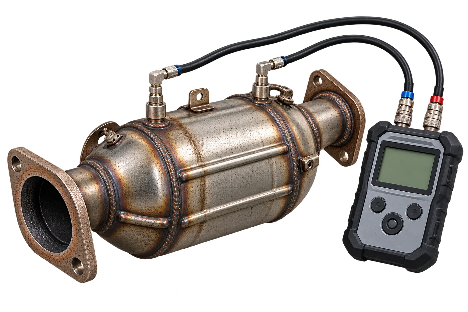 Dieselpartikelfilter mit angeschlossenem Messgerät bei der Differenzdruckmessung