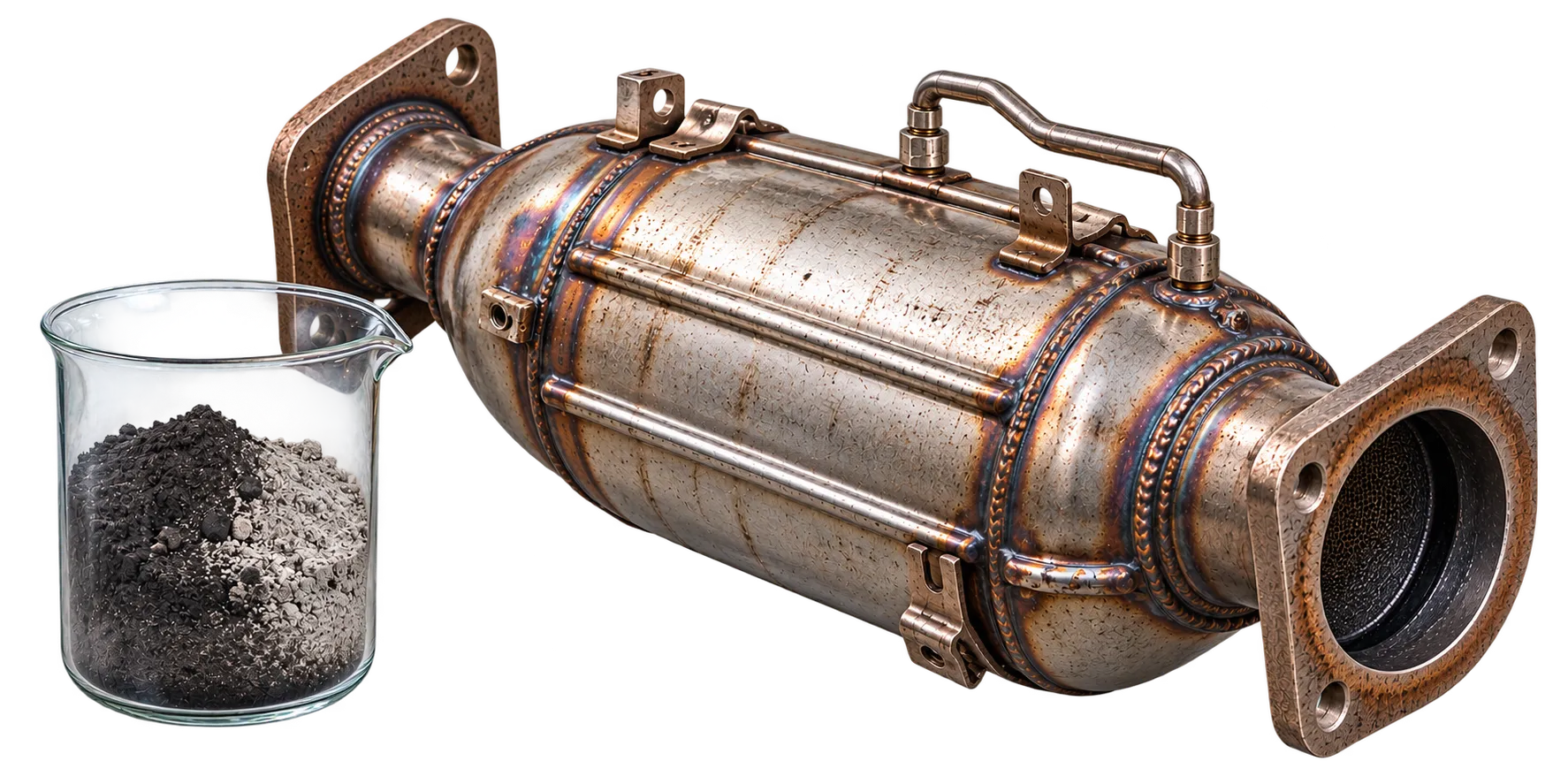Gereinigter Dieselpartikelfilter neben einem Glasbecher, gefüllt mit dem herausgelösten Ruß und der Asche